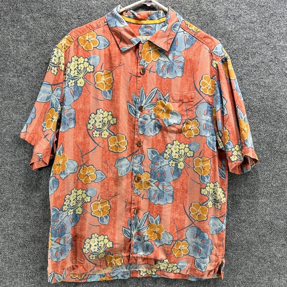 Tommy Bahama Mens Silk Floral Tropical Camp Shirt Orange Blue Original Fit L